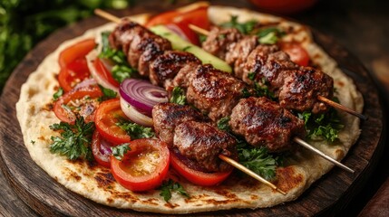 Poster - Adana Kebab Served with Fresh Vegetables on Flatbread and Garnished with Herbs for a Delicious Meal Presentation