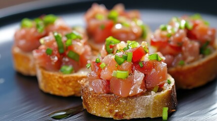 Poster - Tuna Pate Bruschetta with Fresh Chopped Green Onions on Artisan Bread Platter