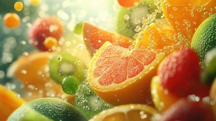 Poster - Vibrant display of tropical fruits showcasing fresh colors and rich textures with droplets highlighting their juiciness and vitality