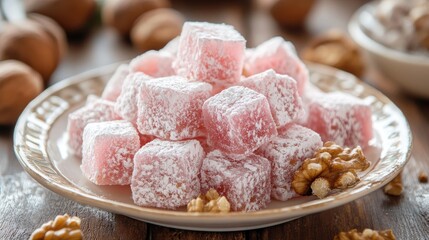 Aufkleber - Turkish delight cubes with nuts on a decorative plate surrounded by walnuts and hazelnuts on a wooden surface