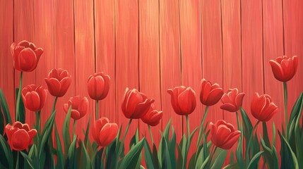 Leinwandbilder - Vibrant red tulips blooming against a rustic wooden background for a fresh and lively atmosphere