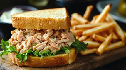 Aufkleber - Tuna sandwich served with crispy French fries on a wooden board appetizing meal presentation