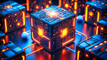 Poster - An abstract futuristic, abstract technology 3D cubes structure, with intricate circuit patterns on their surfaces