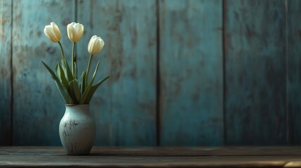Leinwandbilder - Elegant tulips in a ceramic vase against a rustic wooden background showcasing nature's beauty in a serene interior setting