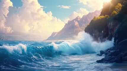 Poster - Majestic tropical sea waves crashing against cliffs with stunning mountain backdrop for nature and landscape inspiration