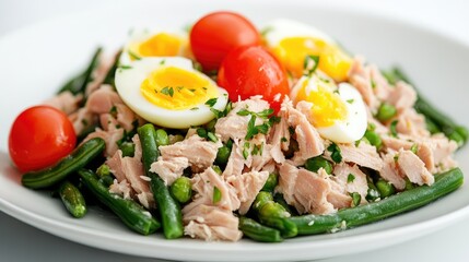 Poster - Tuna salad with eggs and green beans rich in omega presented on a clean white background showcasing healthy eating options