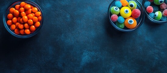 Aufkleber - Colorful Halloween Candy Bowls with Eyeball and Pumpkin Shapes on Dark Textured Background with Blank Space for Text