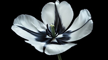 Poster - Elegant white tulip with black accents on a dark background showcasing beauty in nature and floral artistry in close-up detail