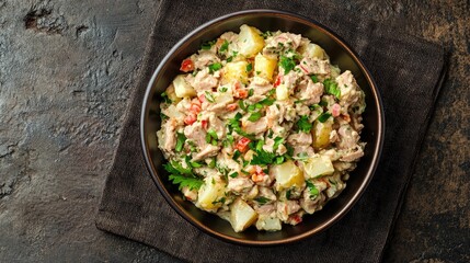 Poster - Tuna and potato salad with vegetables and herbs served in a rustic bowl on a textured surface