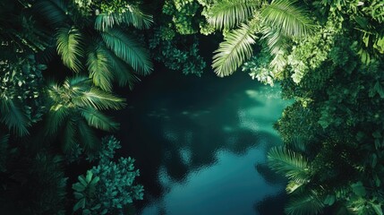 Poster - Lush tropical forest aerial view featuring vibrant greenery and serene water reflections in a tranquil natural setting