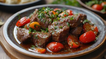 Aufkleber - Delicious Braised Beef with Cherry Tomatoes and Fresh Herbs on a Rustic Plate Ideal for Culinary Promotions and Food Photography