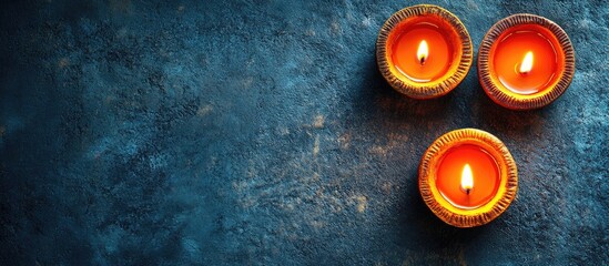 Poster - Festive top view of three illuminated diya candles in vibrant orange and gold on textured blue background, ideal for Diwali celebration themes.