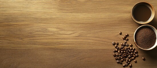 Poster - Top view of roasted coffee beans and a rustic cup on a warm wooden table with ample negative space for text creation