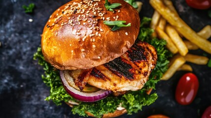 Aufkleber - Delicious grilled chicken sandwich with sesame seed bun, fresh lettuce, tomatoes, and golden fries on dark textured background.