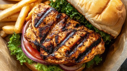 Poster - Delicious grilled chicken sandwich with golden bun lettuce tomato and onion served with crispy French fries on a rustic wooden table