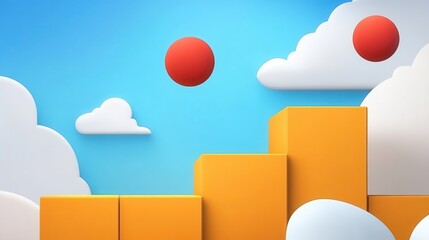Poster - Dynamic and Vibrant Three-Dimensional Composition with Geometric Shapes and Bright Colors Against a Blue Sky