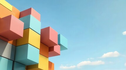 Poster - Colorful Three-Dimensional Blocks in a Dynamic Arrangement Against a Clear Blue Sky