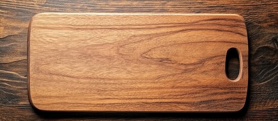 Leinwandbilder - Top view of a polished brown wooden cutting board placed on a dark classic wood table with ample blank space for creative text and design elements
