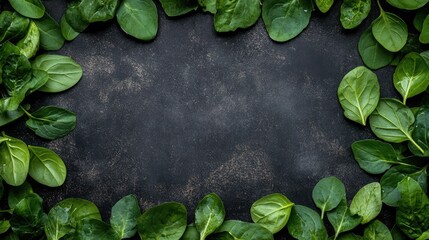 Leinwandbilder - Fresh Green Salad Leaves Framed on Dark Textured Surface with Empty Space for Text, Overhead View of Vibrant Greens on Black Background