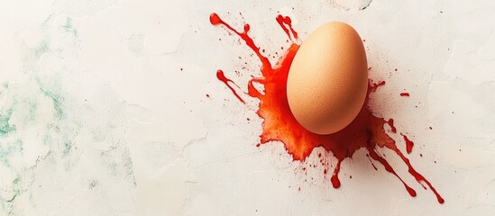 Aufkleber - Aerial view of a cracked brown egg surrounded by vibrant red liquid splatter on a light marble background with empty canvas for text.