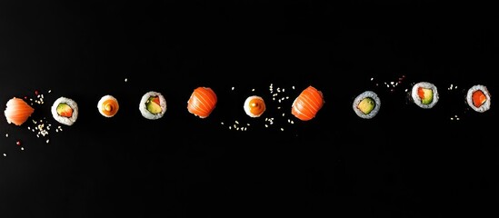 Poster - Elegant display of sushi rolls in vibrant colors on a black background showcasing Japanese culinary culture with empty space for text ideal for cards and posters