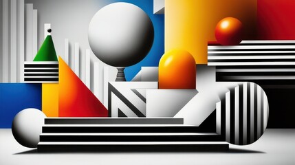 Poster - Three-Dimensional Colorful Shapes in Dynamic Arrangement with Geometric Forms and Patterns