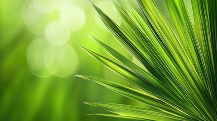 Poster - Lush Tropical Palm Leaf Background with Soft Green Bokeh Effect for Relaxing Natural Aesthetic Design
