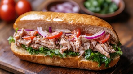 Aufkleber - Delicious tuna sandwich packed with fresh vegetables on a wooden table with garnishes in the background