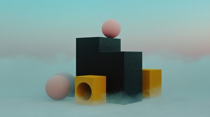 Poster - Dynamic Three-Dimensional Composition of Geometric Shapes in Vibrant Colors with a Misty Background