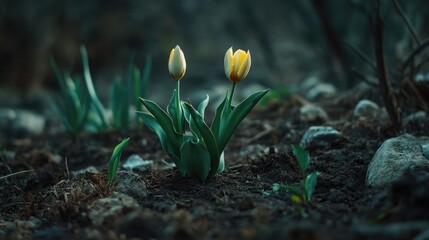 Poster - Tulips Blooming in a Serene Garden Setting with Lush Greenery and Earthy Background