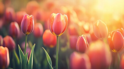 Aufkleber - Vibrant Tulip Flower Field Bathed in Warm Spring Light with Soft Focus on Blossoms and Green Leaves