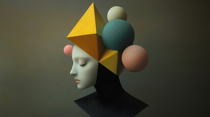 Poster - Vibrant Three-Dimensional Abstract Sculpture of a Female Figure with Geometric Shapes and Colorful Elements