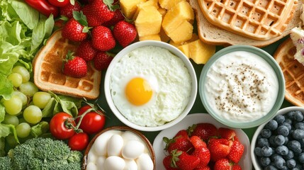 Aufkleber - Vibrant top view of a colorful Sunday brunch spread featuring golden waffles, fried eggs, fresh strawberries, tropical mango, creamy yogurt, and assorted greens on a rustic table.