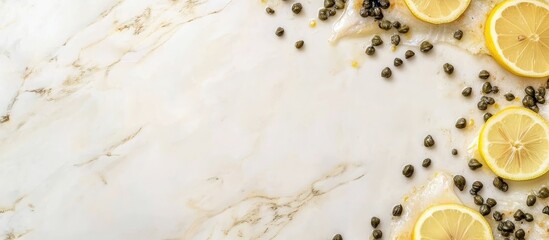 Poster - Baked carp garnished with fresh capers and lemon slices on a marble table surface with ample empty space for text insertion