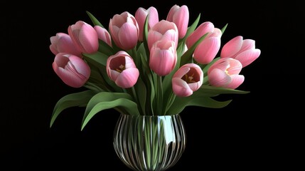 Poster - Elegant bouquet of pink tulips in a crystal vase against a black background showcasing their beauty and vibrant colors.