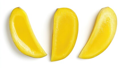 Poster - Mango slices arranged on a white background highlighting vibrant colors and texture for culinary or health-related themes