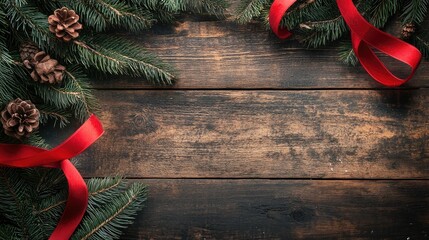 Poster - Detailed overhead view of Christmas wreath featuring Nordmann Fir, natural pine cones, and vibrant red ribbon on textured rustic wooden backdrop.