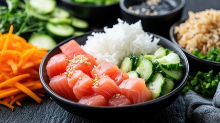 Aufkleber - Fresh tuna salad bowl featuring sliced vegetables, white rice, and colorful ingredients on a rustic table setting.
