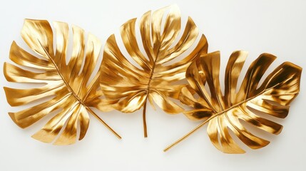 Poster - Golden tropical leaves arranged elegantly on a white background creating an abstract decorative design for contemporary aesthetics.