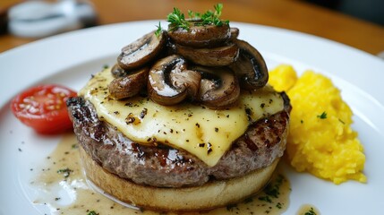 Poster - Truffle beef burger topped with cheese and mushrooms served with mashed potatoes and cherry tomatoes on a white plate