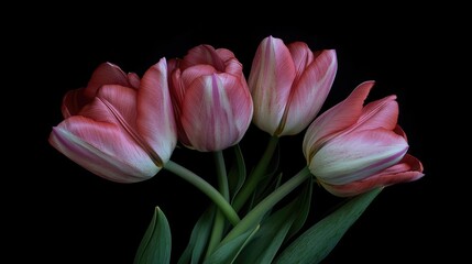 Leinwandbilder - Pink tulips with delicate petals and lush green leaves on a black background showcasing their elegance and beauty in floral design.