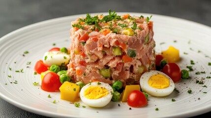 Poster - Healthy tuna salad with vegetables and boiled eggs presented artistically on a white plate for a nutritious meal option.