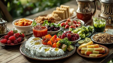 Poster - Traditional Turkish breakfast spread featuring cream cheese, fresh vegetables, granola, fruits, juice, and tea on a rustic wooden table