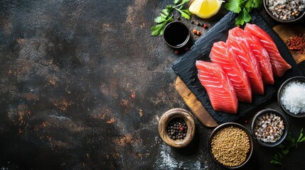 Aufkleber - Fresh tuna fillets with herbs and spices on a dark textured background for seafood culinary preparation and gourmet cooking concepts