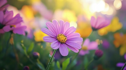 Poster - Vibrant close-up of a pink flower surrounded by colorful blossoms in a sunlit garden setting showcasing nature's beauty and tranquility.