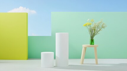 Poster - Dynamic Three-Dimensional Colorful Shapes in a Bright Minimalist Setting with Flowers and Vibrant Background