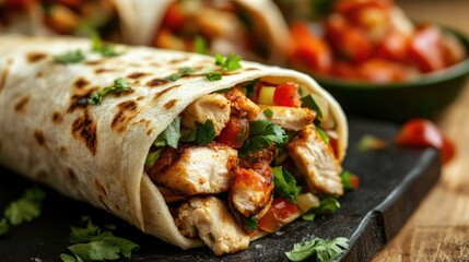Poster - Delicious wraps with grilled chicken and spicy seasoning garnished with fresh herbs and tomatoes on rustic wooden background