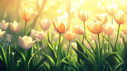 Aufkleber - Tulip flowers blooming in a vibrant garden field illuminated by warm sunlight creating a serene and picturesque landscape scene