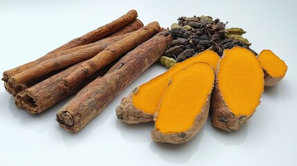 Poster - Spices arrangement featuring fresh turmeric roots, Ceylon cinnamon sticks, and cardamom pods on a clean white background.