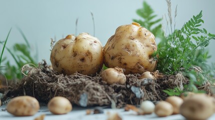 Poster - Freshly harvested potatoes with soil and green ferns on a light background showcasing organic produce and nature's bounty.